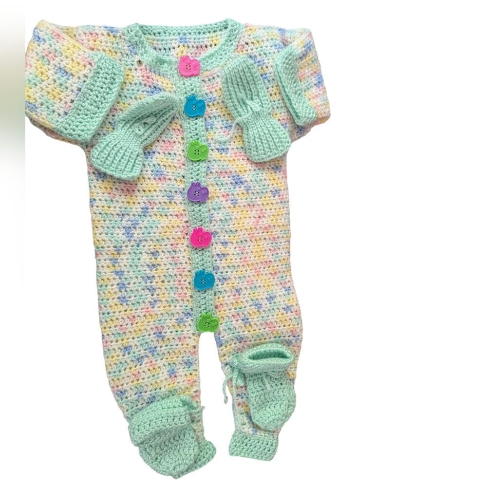 Pastel Rainbow infant handknitted romper with‎ matching mittens and booti…